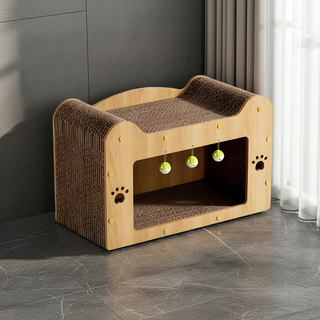 Cat house combining wood-based structure and corrugated scratching surfaces