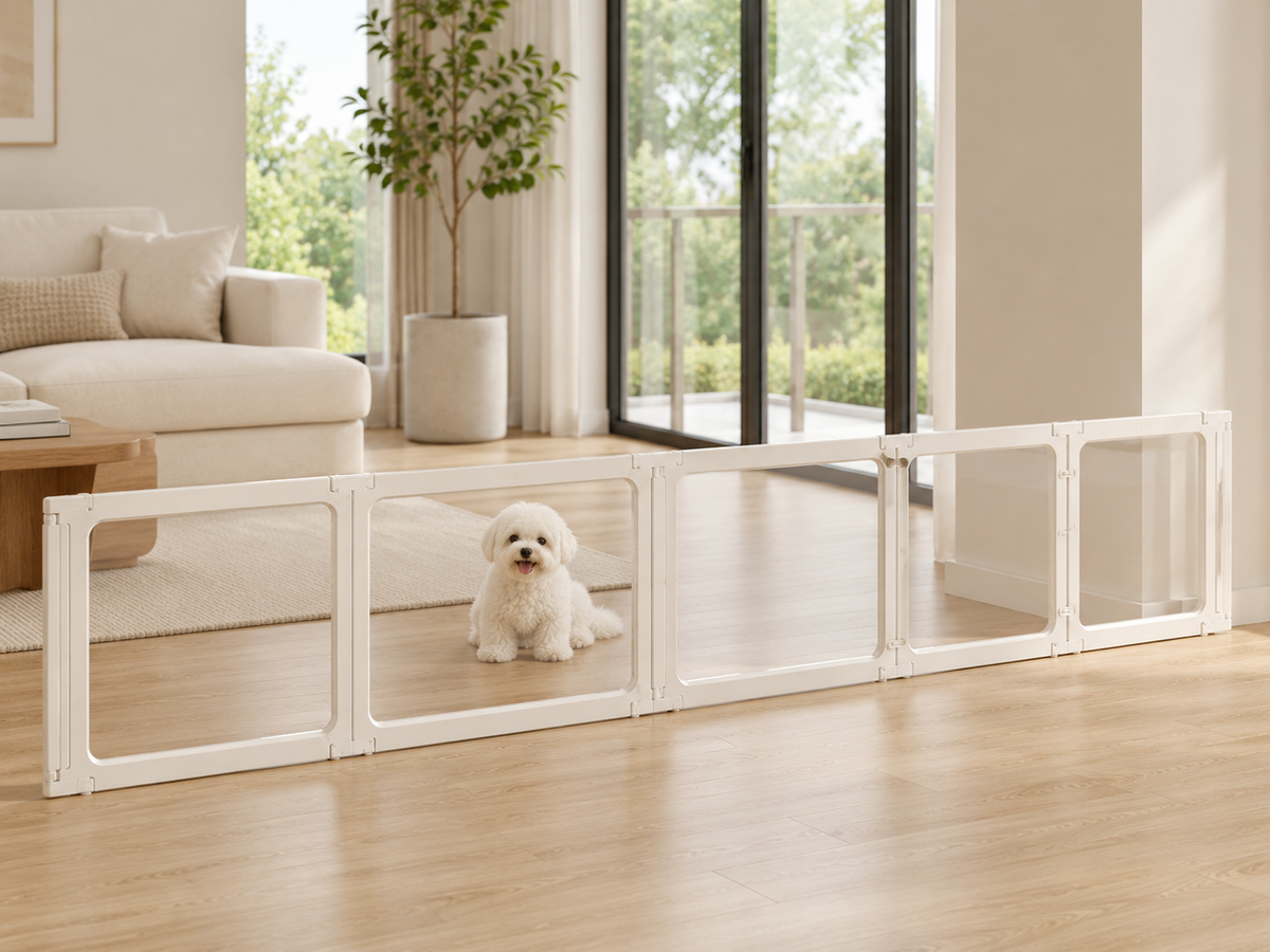 Acrylic pet gate integrated into a white enclosure format