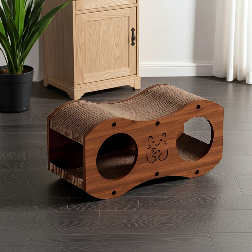 Compact mixed-material cat house and scratcher