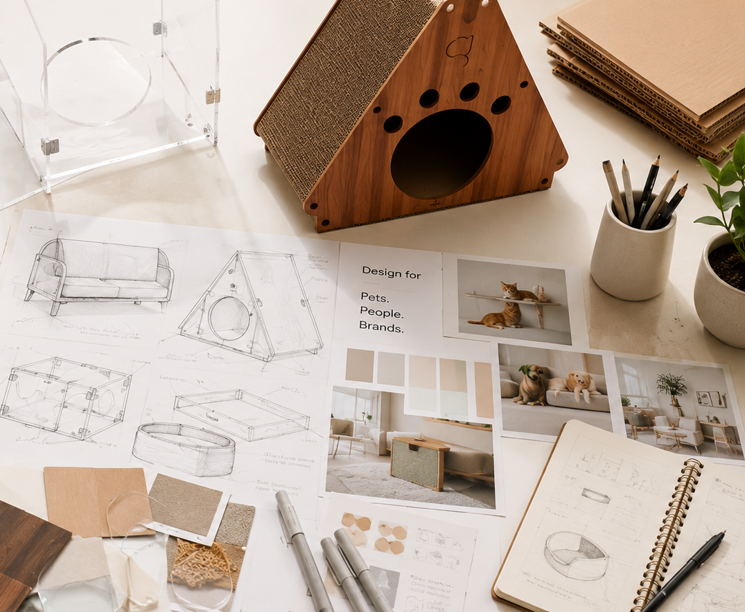 Product development mood board with pet product sketches and material samples