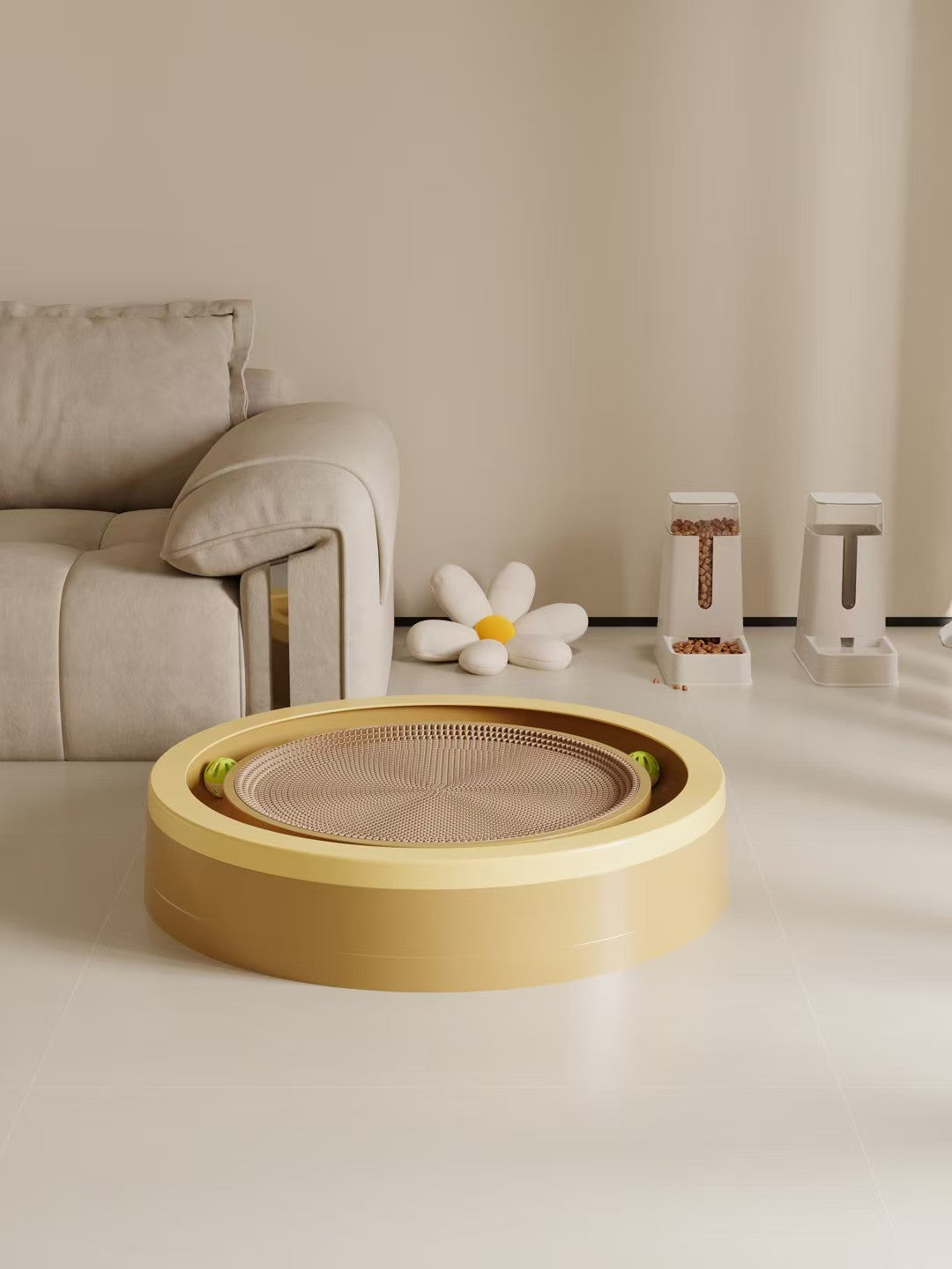Percudi 3-in-1 Low-Shedding Circular Cat Scratcher Lounge: Heavy-Duty PP Shell & Replaceable High-Density Corrugated Core with Interactive Bell Ball Track