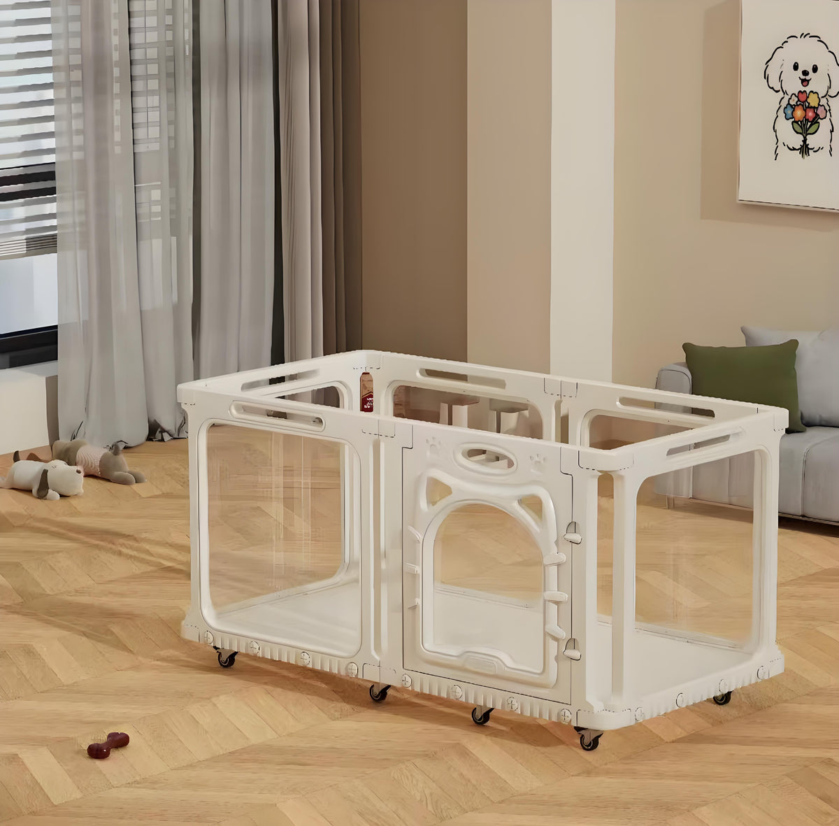 Clear pet fence with transparent panels, access gate and caster wheels in a home interior