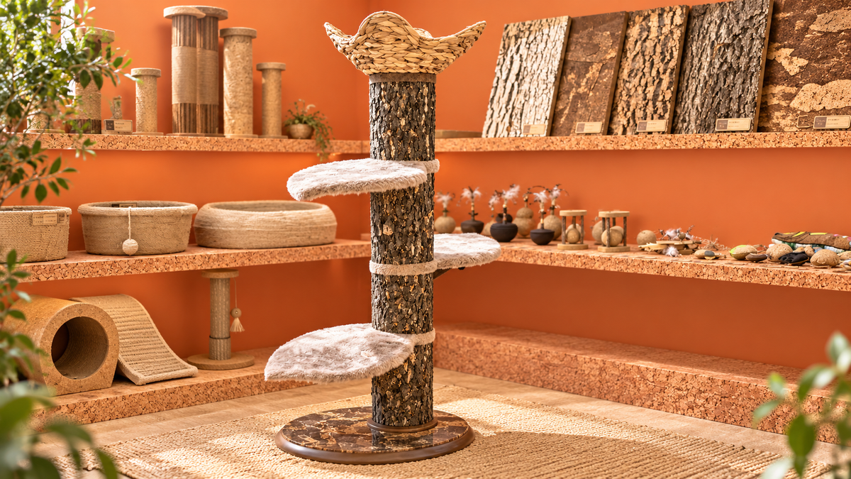 Natural Cork cat furniture with flat-pack and replaceable-surface product thinking