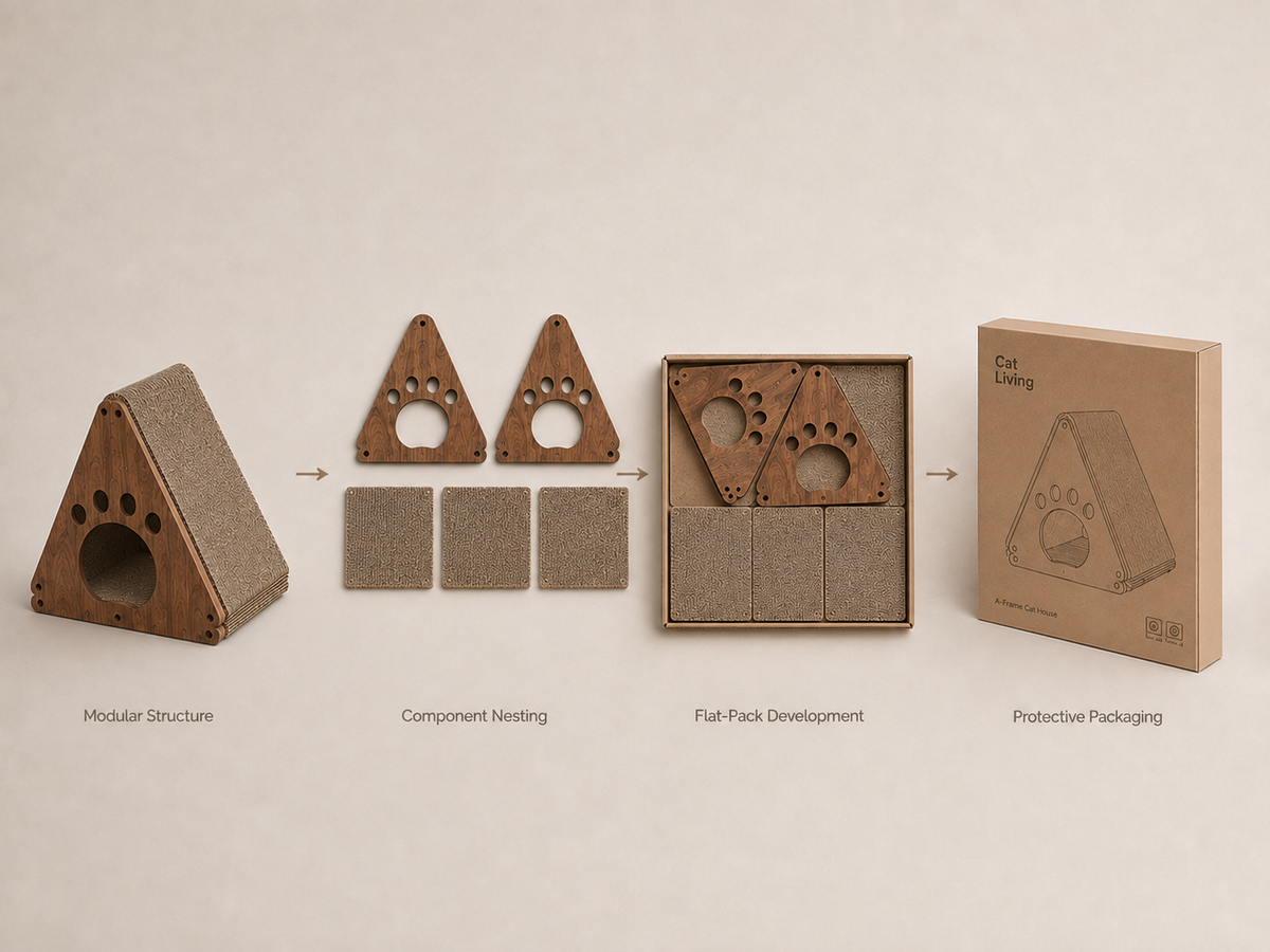 Flat-pack and packaging diagram for a Cat Living product
