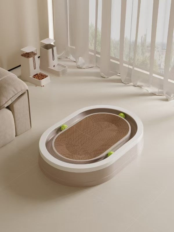 Percudi 3-in-1 Low-Shedding Circular Cat Scratcher Lounge: Heavy-Duty PP Shell & Replaceable High-Density Corrugated Core with Interactive Bell Ball Track