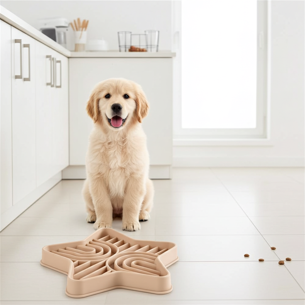 Dog using a bone-shaped silicone slow feeder bowl at home