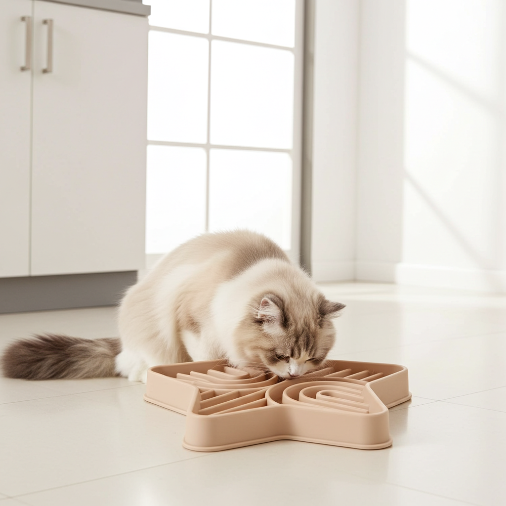 Cat using a bone-shaped silicone slow feeder bowl at home