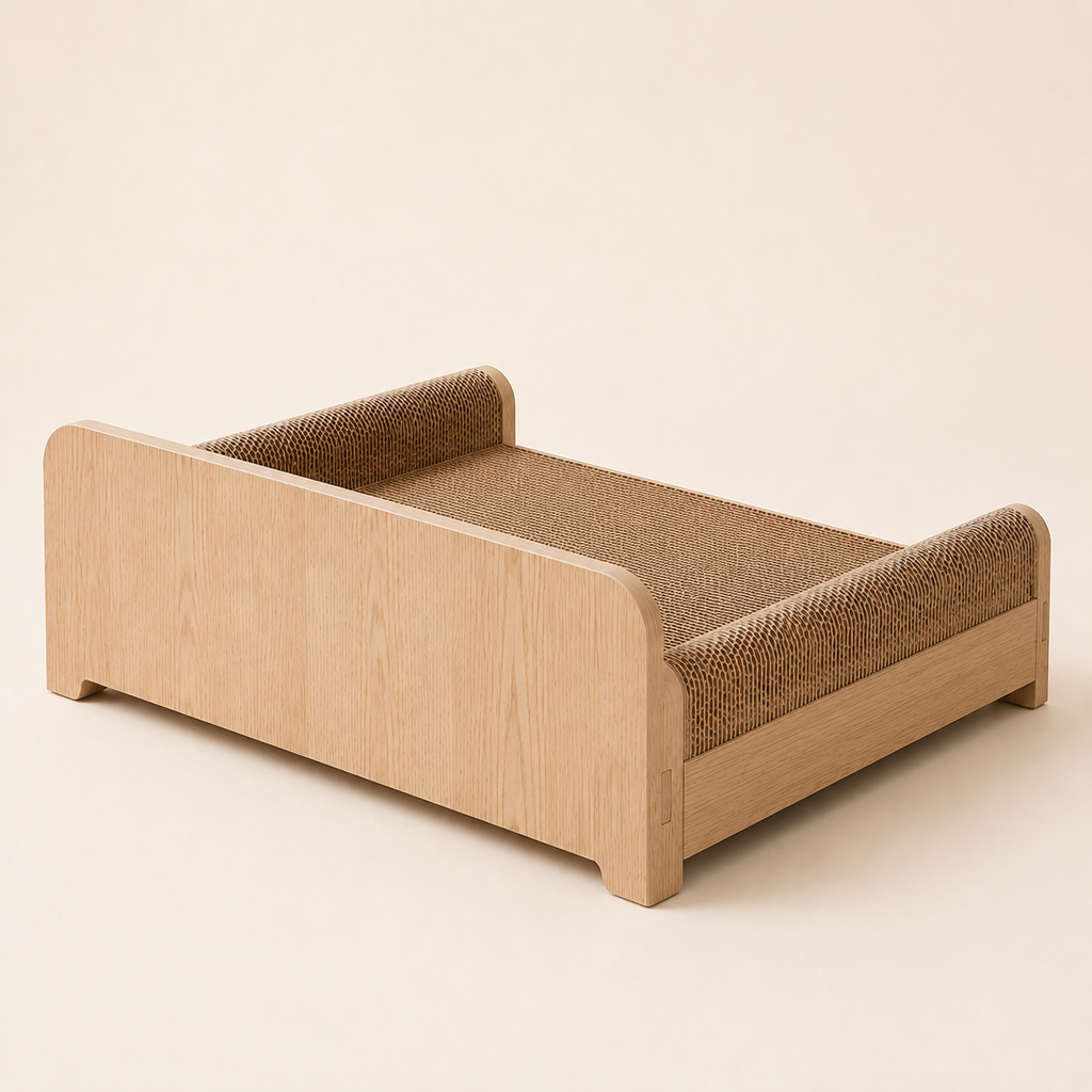 Rear three-quarter view of a white oak cat scratcher lounger with corrugated side rests