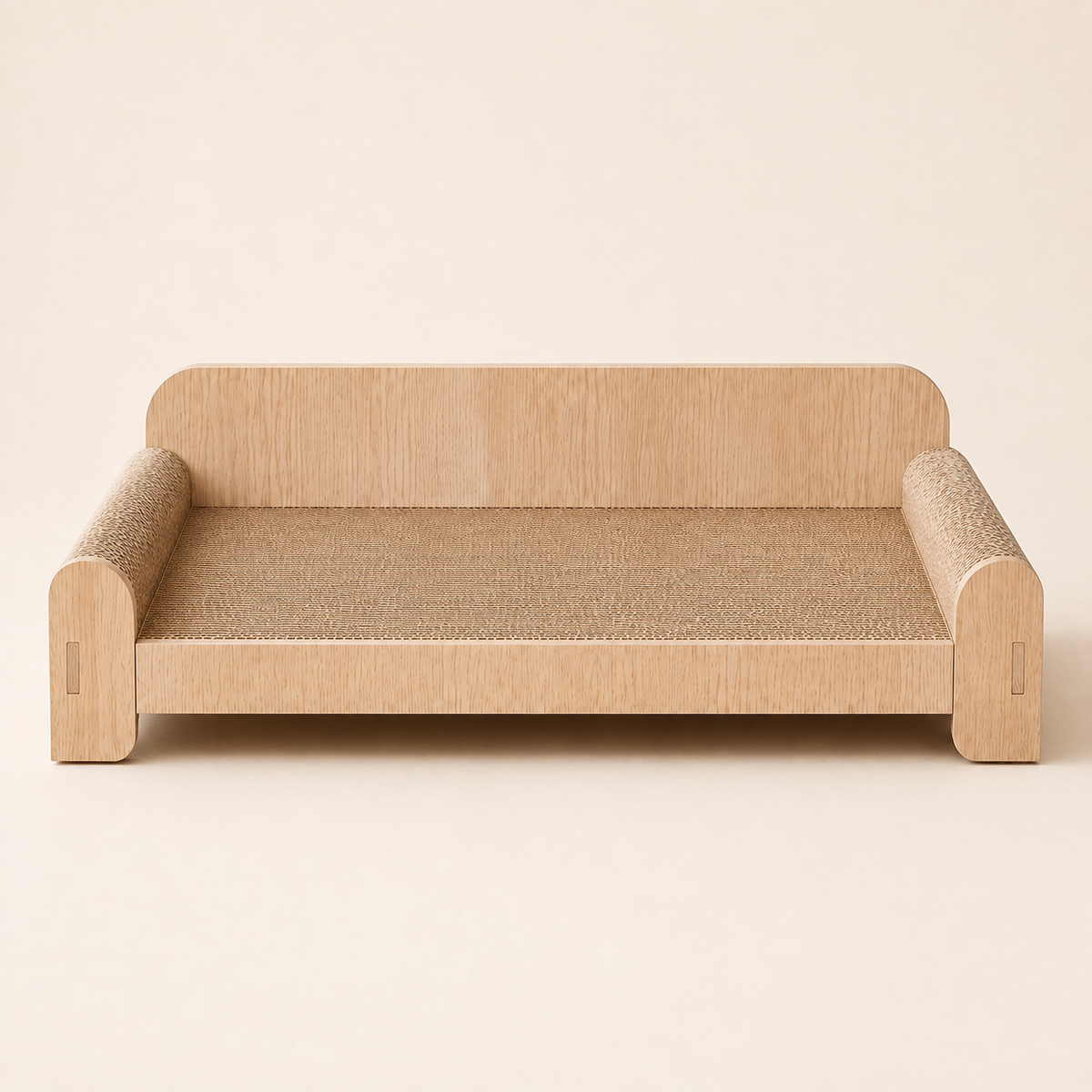 Top view of a white oak cat lounger with a large corrugated cardboard scratching surface