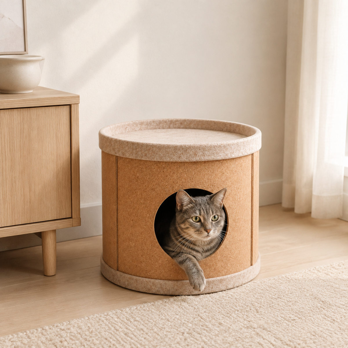 Cat resting inside a cylindrical hideaway with a natural cork bark exterior and felt top
