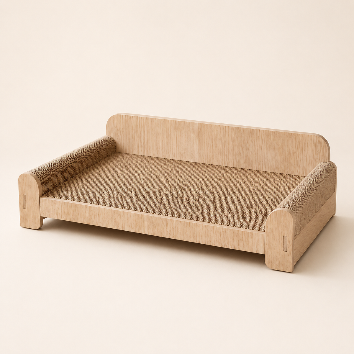Front view of a white oak cat scratcher lounger with a corrugated scratching surface