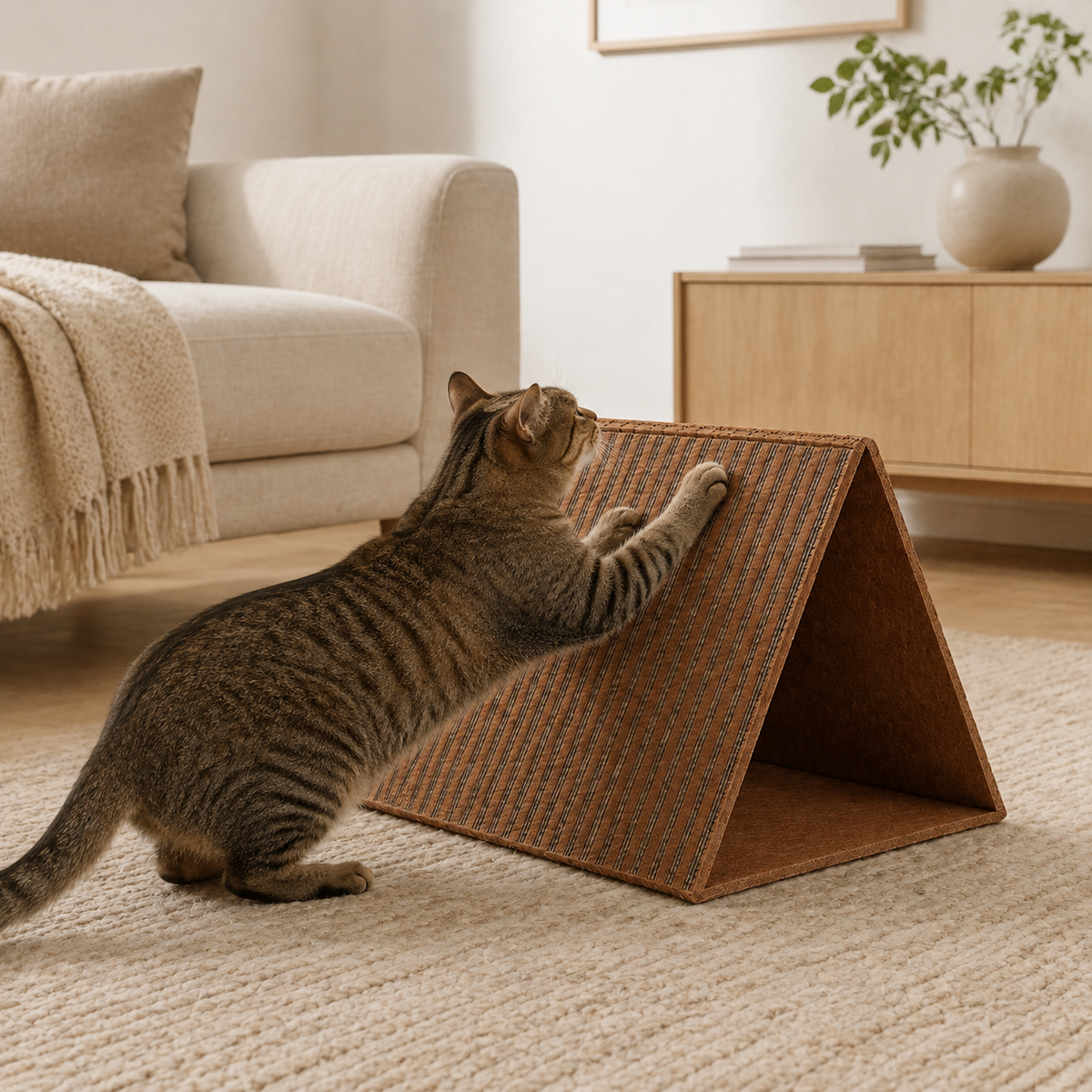 Tabby cat using a foldable cork scratcher in a modern living room
