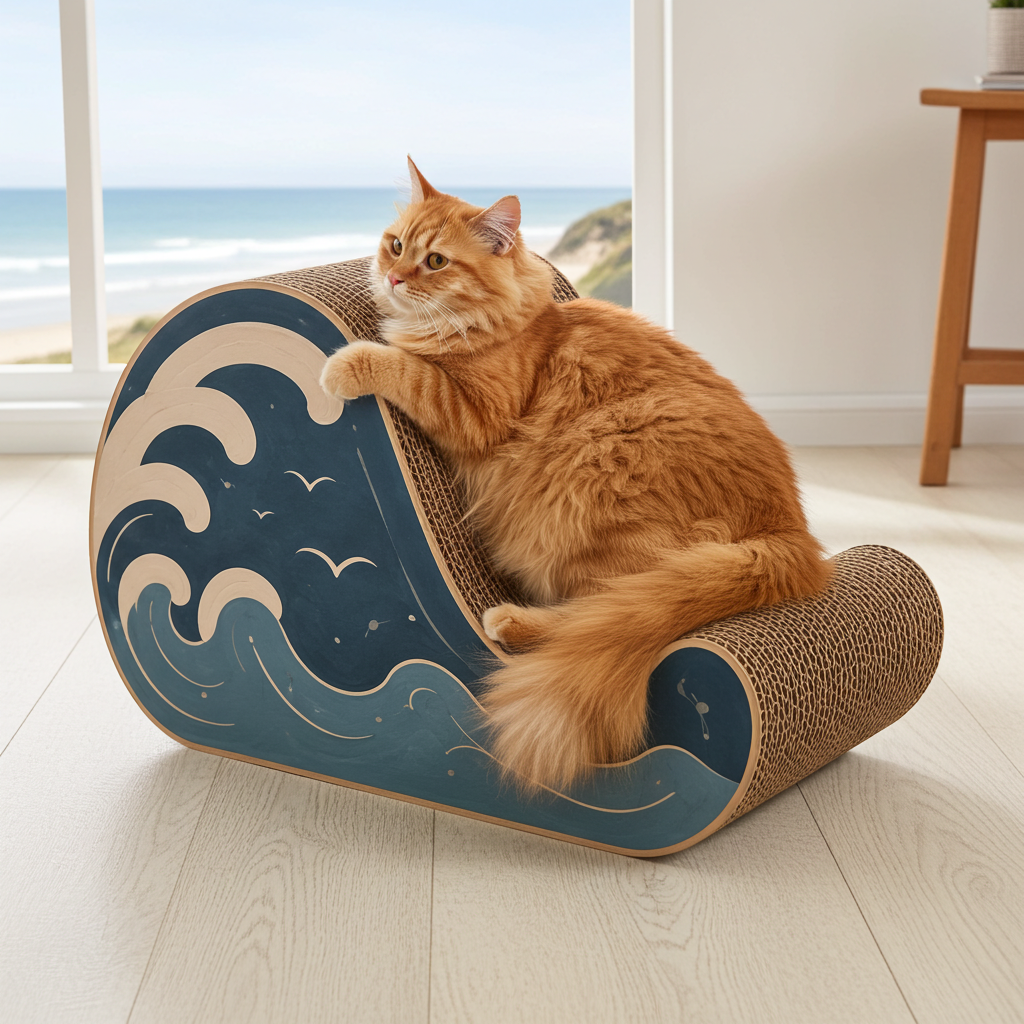 A sculptural corrugated cat scratcher