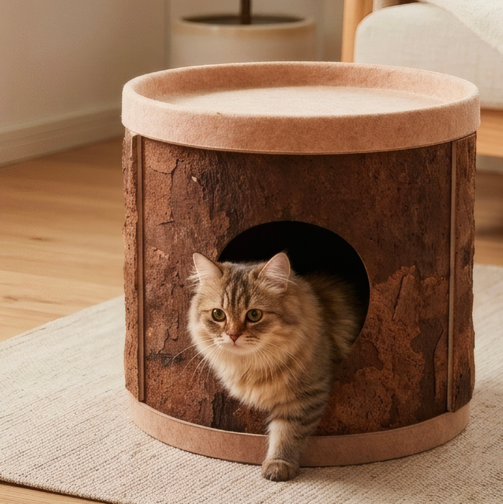 Cat resting inside a cylindrical hideaway with a natural cork bark exterior and felt top