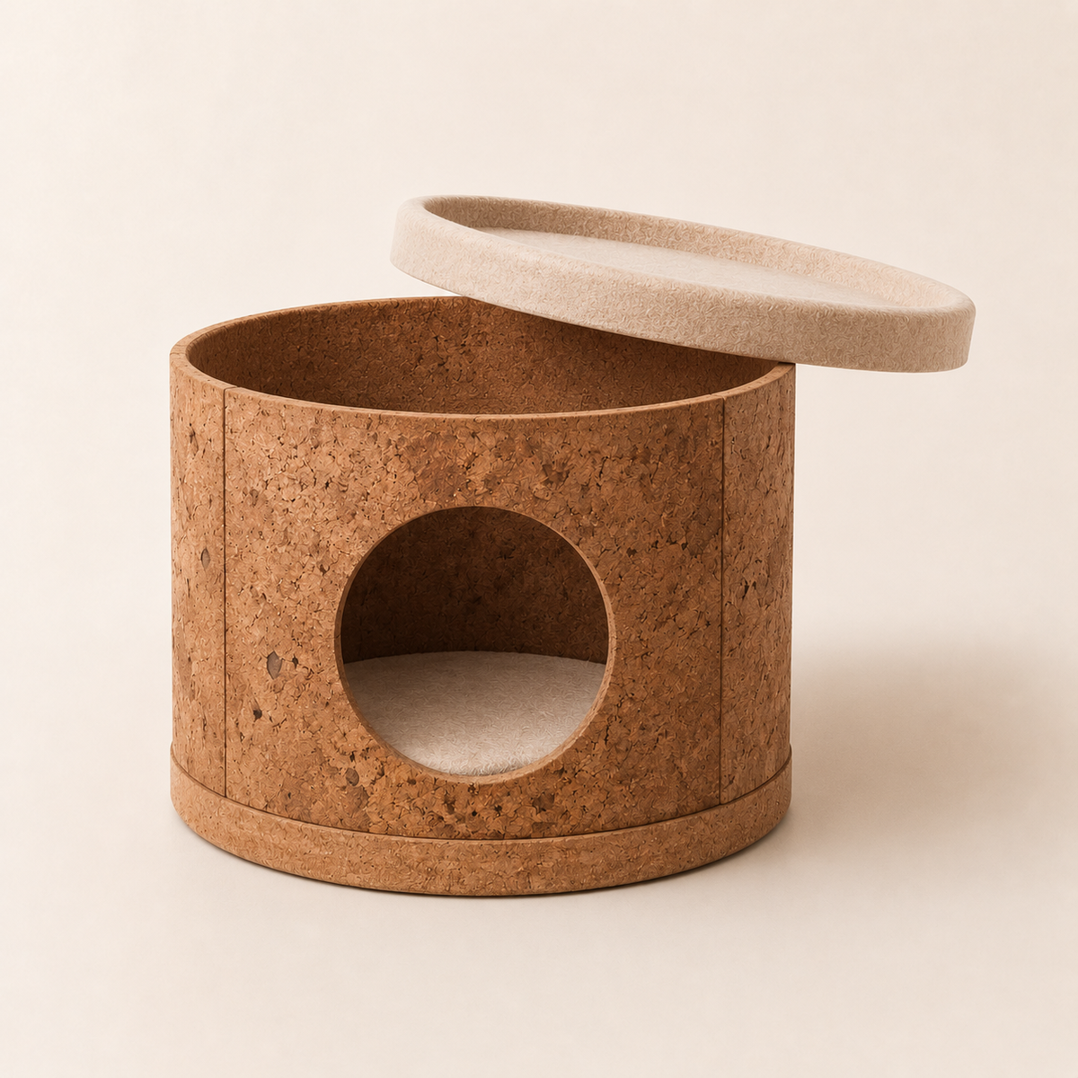 Natural cork bark cat hideaway with the felt top lifted to show the enclosed interior