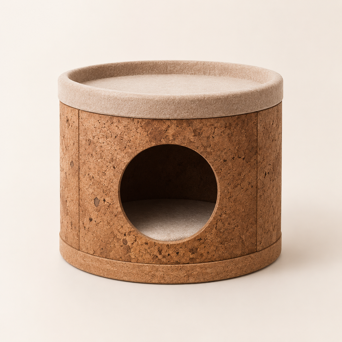 Natural cork bark cylindrical cat hideaway with a circular entrance and removable felt top