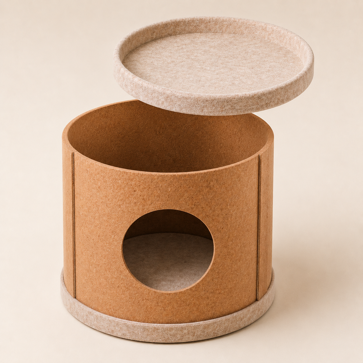 Natural cork cat hideaway with the removable felt top lifted to reveal the enclosed interior