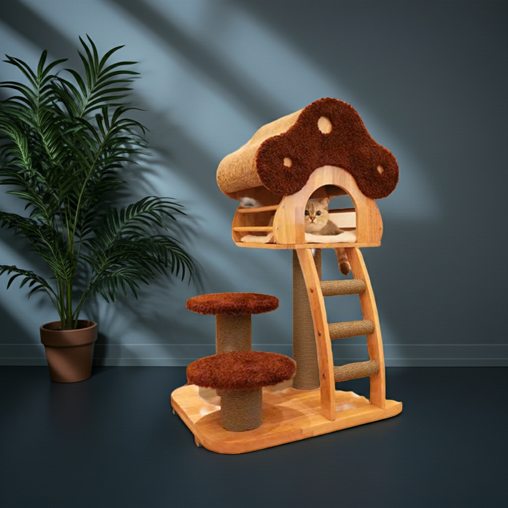 Sisal scratching posts and wooden climbing steps on mushroom cat tree