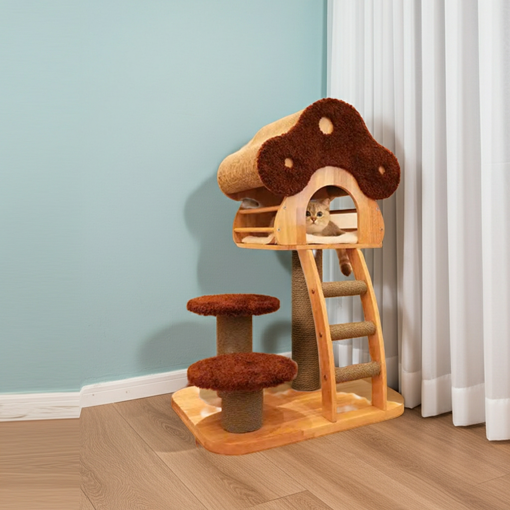 Compact mushroom cat tree with hideaway house, scratching posts and toy