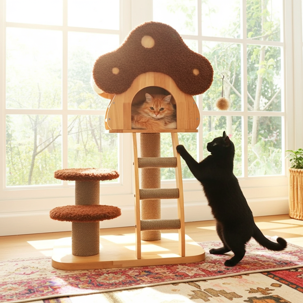 Cat resting inside a mushroom-inspired cat tree by a window