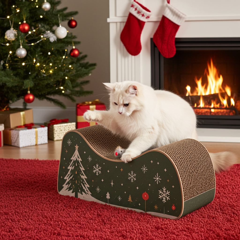 A limited-edition holiday cat scratcher combining seasonal storytelling with eco-friendly scratching functionality.