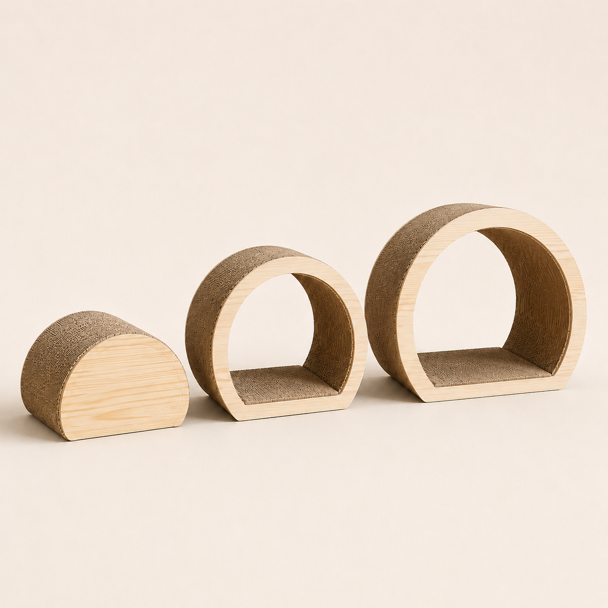 Three-piece modular cat scratcher displayed as separate graduated scratching and resting modules