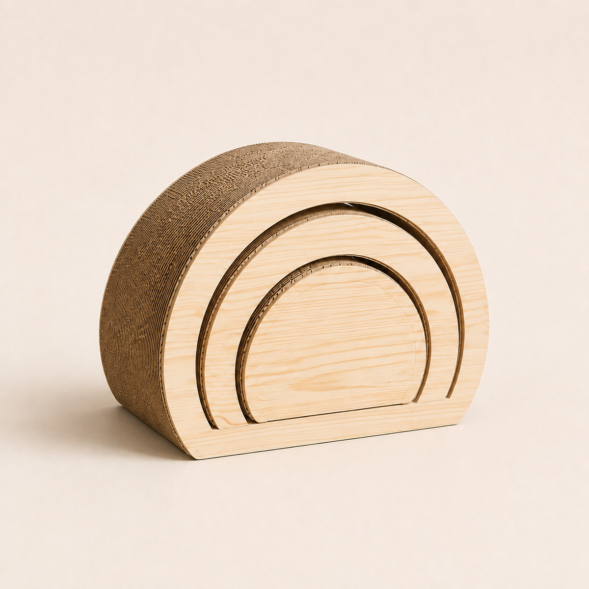 Three-piece modular cat scratcher nested together in a compact semicircular configuration
