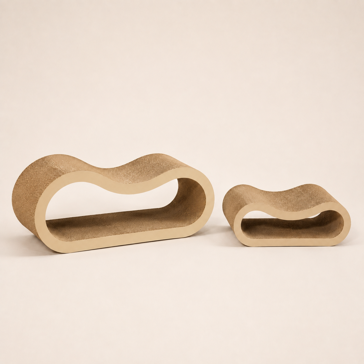 Two-piece modular curved cat scratcher displayed as separate scratching and lounging modules