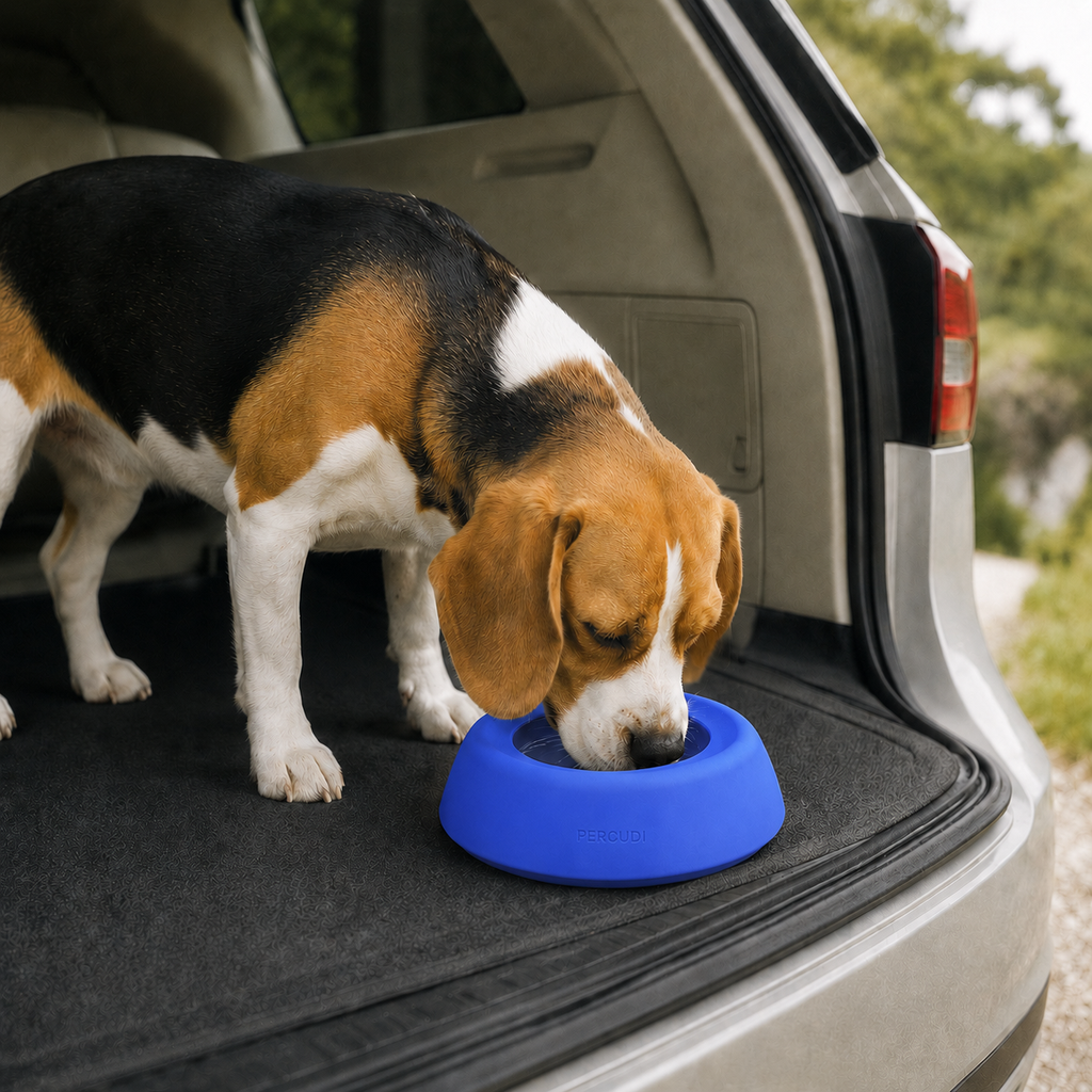 Beagle drinking from a Blue silicone travel water bowl in a parked SUV