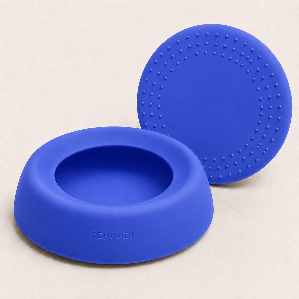 Blue silicone travel water bowl with raised anti-slip bottom details