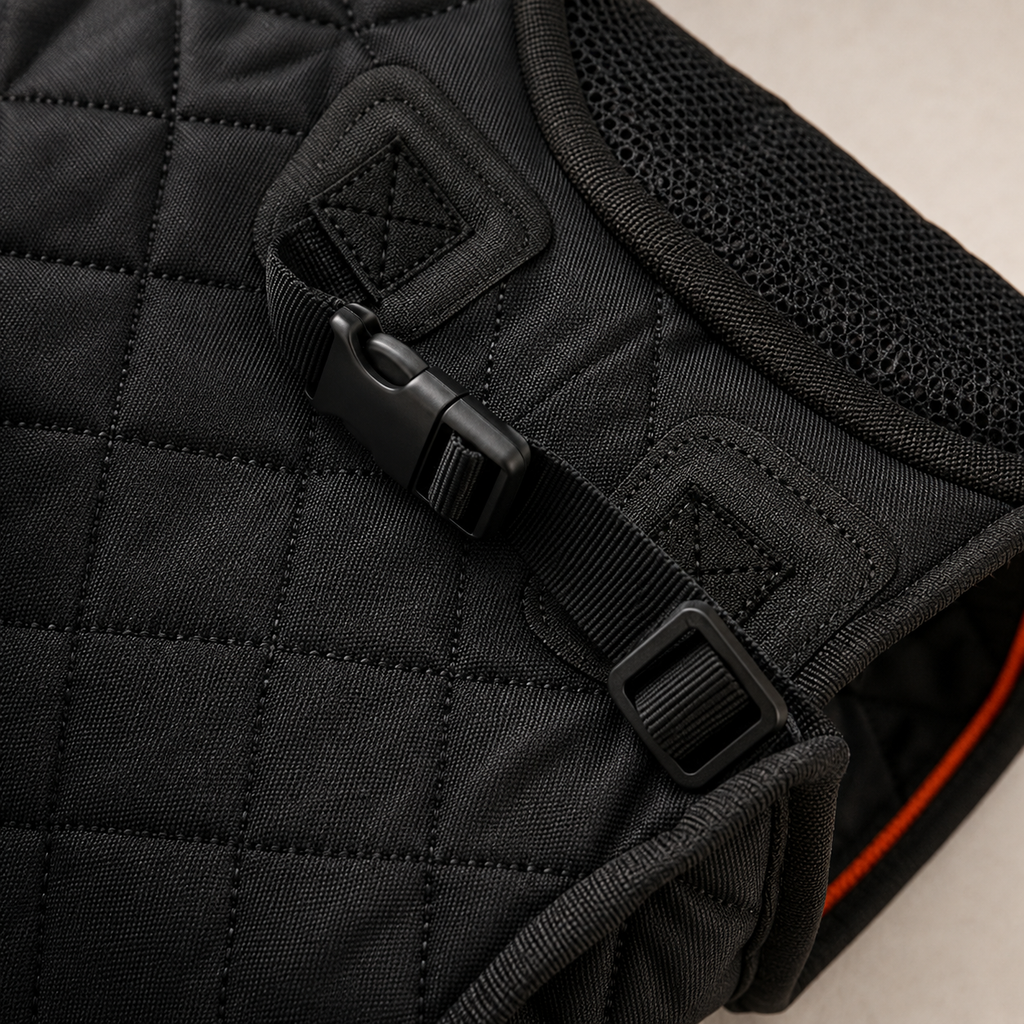 Close-up of quilted Oxford fabric, mesh, reinforced stitching and adjustable buckle