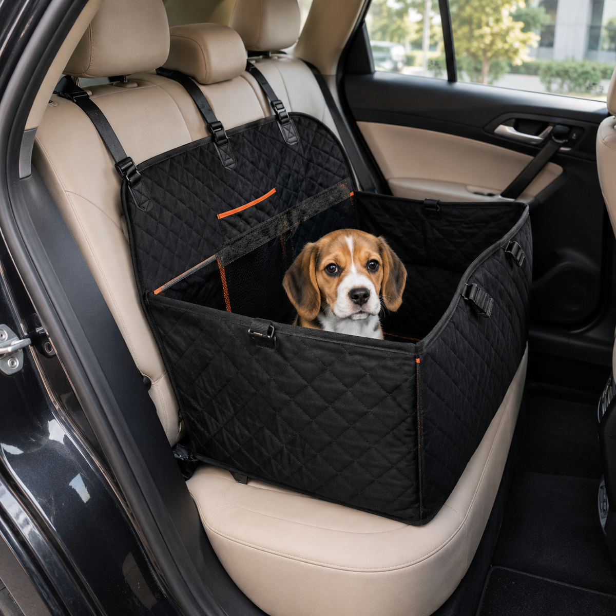 Young Beagle puppy in black car travel pet seat installed on rear seat
