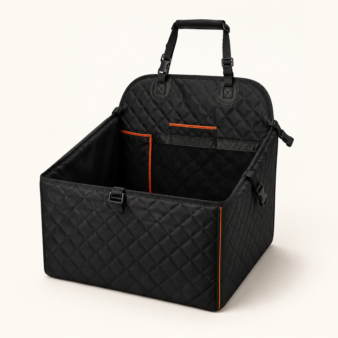 Black quilted car travel pet seat with mesh panel and adjustable straps