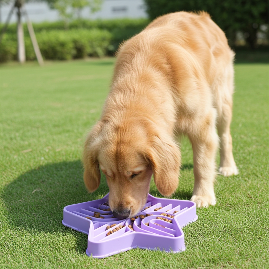 Dog using a bone-shaped silicone slow feeder bowl at home