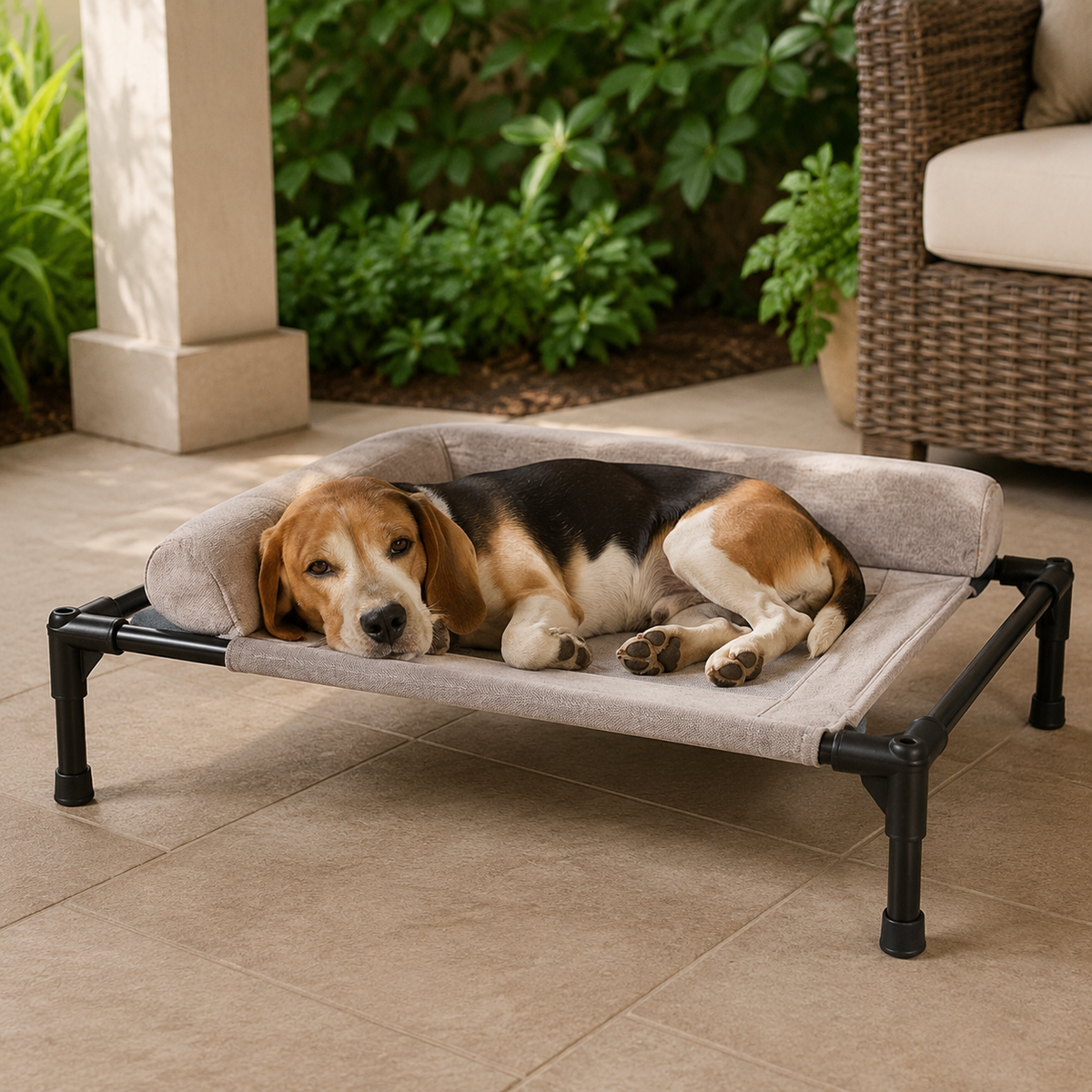 Young Beagle resting on Beige elevated pet cot with L-shaped bolster