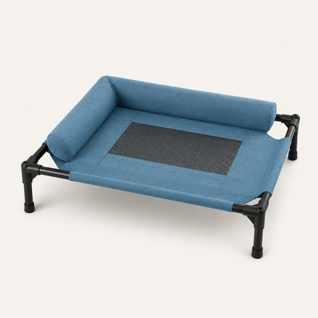 Blue elevated outdoor pet cot with two-sided L-shaped bolster pillow