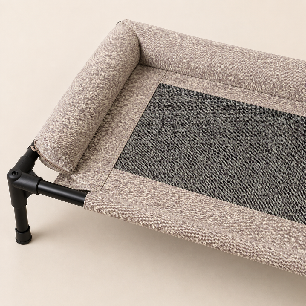 Close-up of L-shaped soft bolster, breathable mesh and metal frame connector
