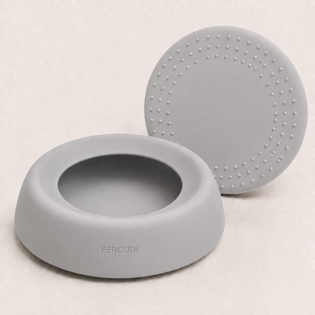 Gray silicone travel water bowl with raised anti-slip bottom details