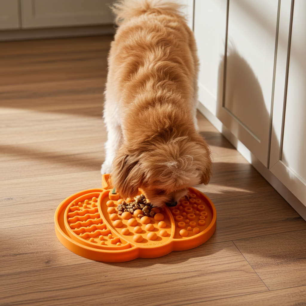 A seasonal pumpkin-inspired slow feeding mat designed to bring playful design and functional enrichment to modern cat feeding spaces.