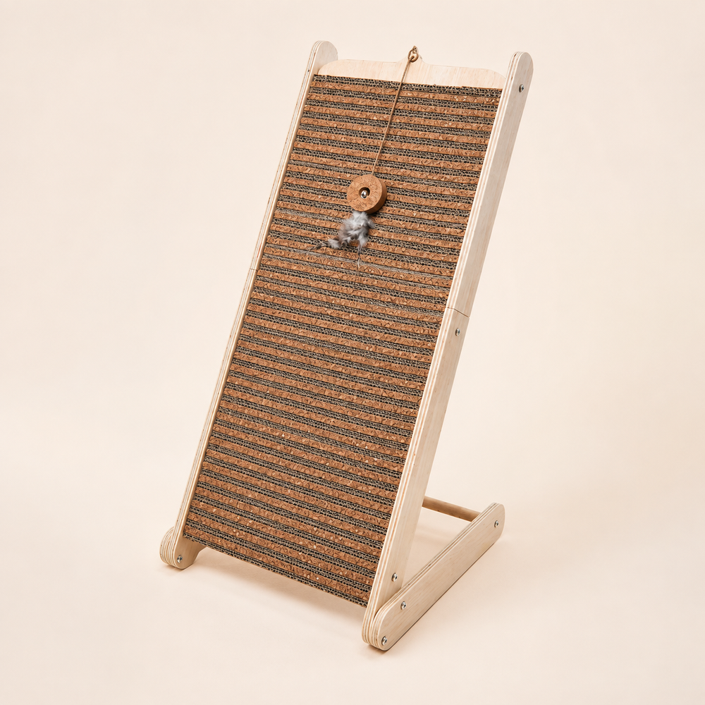 Inclined cork cat scratcher with a natural plywood frame and hanging teaser