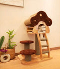 Mushroom-shaped wooden cat tree with enclosed cat house and scratching posts
