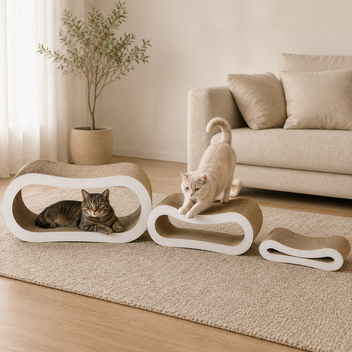 Cats using modular corrugated tunnel and scratching pieces in a modern living room