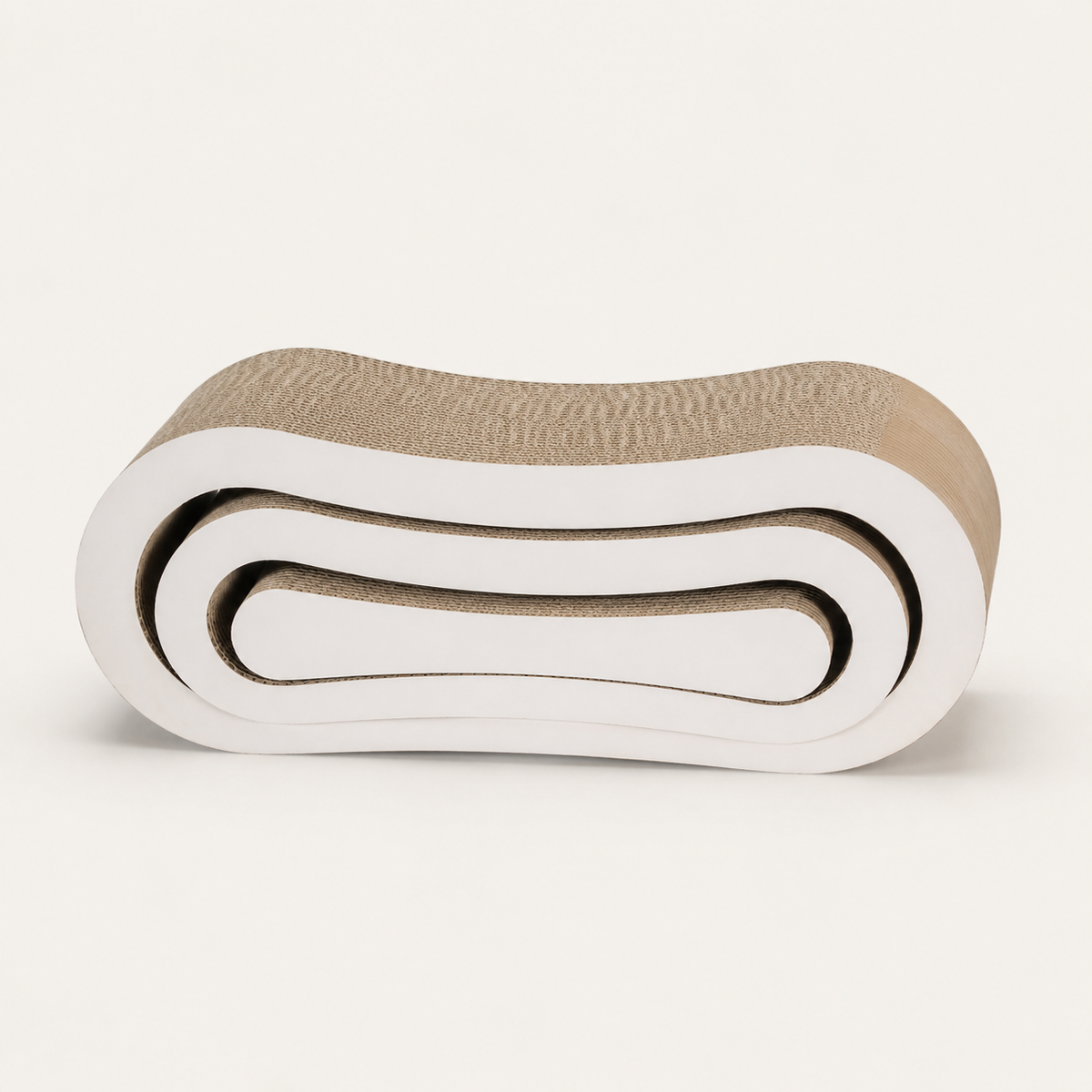 Nested three-piece corrugated cat tunnel in warm white and natural kraft
