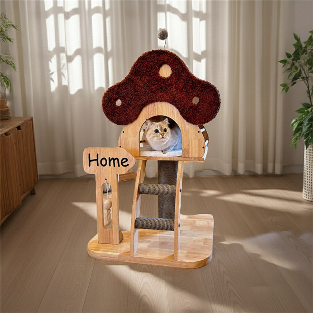 Cat resting inside a mushroom-inspired cat tree by a window