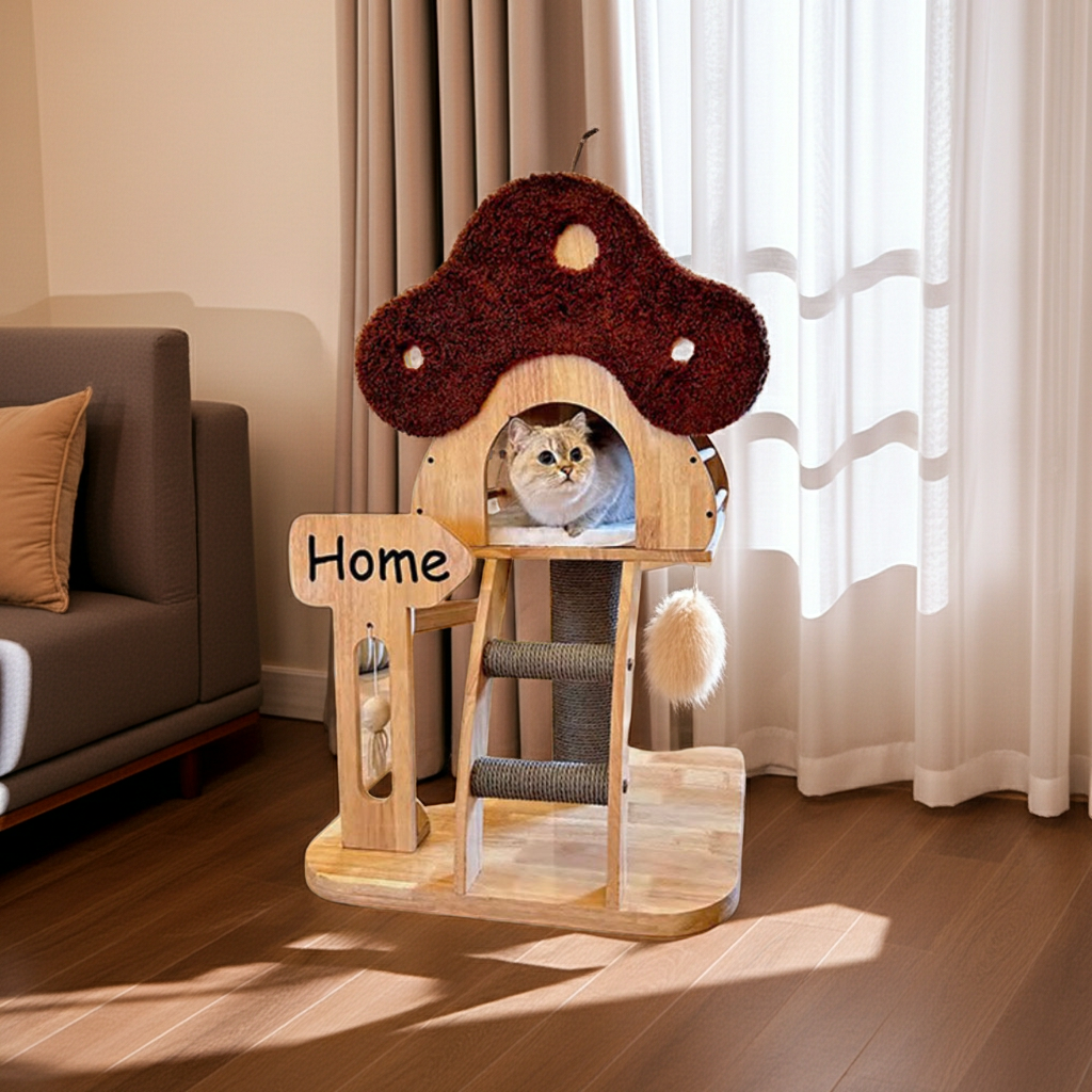 Cat resting inside a mushroom-inspired cat tree by a window
