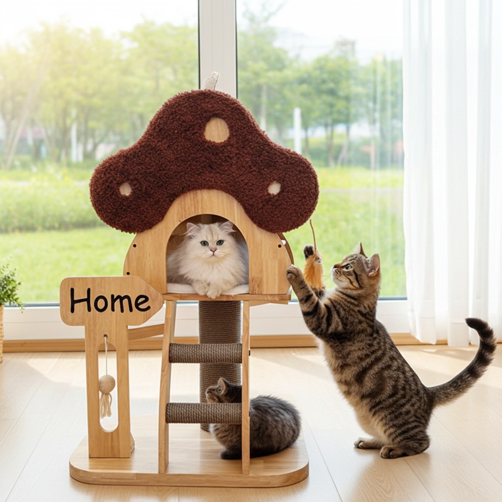 Mushroom-shaped wooden cat tree with enclosed cat house and scratching posts