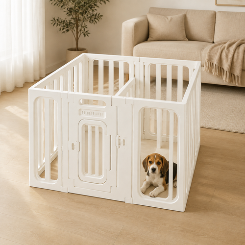 Small Beagle puppy in Percudi 75 cm tall dual-zone modular pet playpen