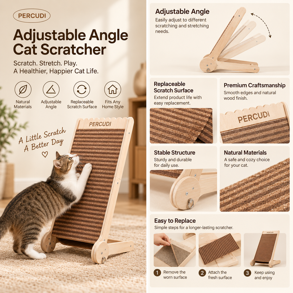 Product infographic showing adjustable angle, replaceable scratching surface and natural material details of the Percudi standing cat scratcher
