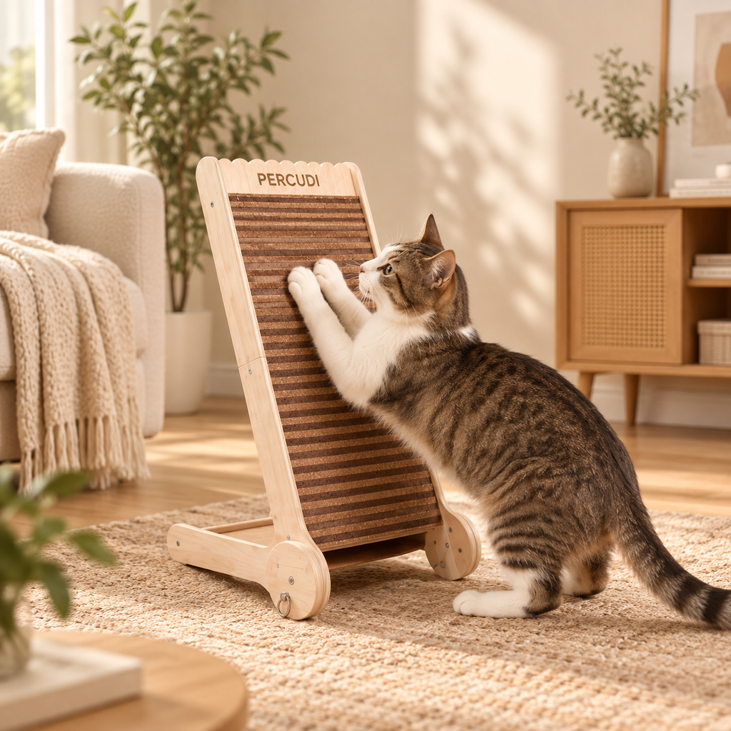 Cat using the Percudi adjustable-angle natural cork standing scratcher in a warm neutral home interior
