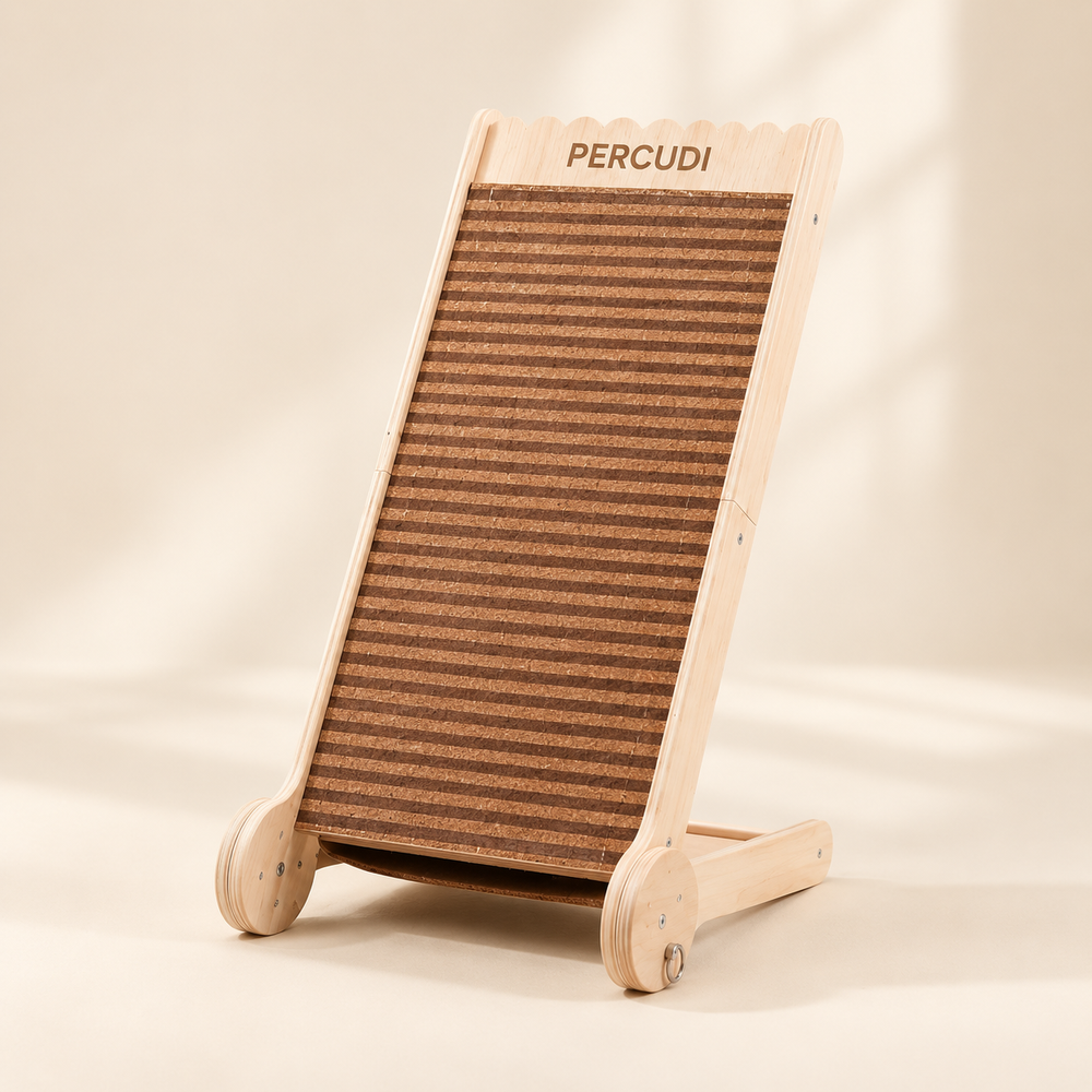 Adjustable-angle natural cork standing cat scratcher with replaceable scratching surface and natural wood frame